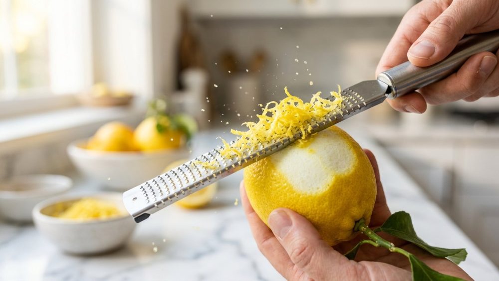 **Alt Text:** Macro close-up of a hand zesting a bright yellow lemon with a stainless steel microplane grater, releasing delicate curls of zest in a sunlit, modern kitchen.