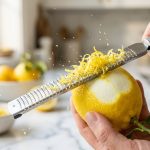 **Alt Text:** Macro close-up of a hand zesting a bright yellow lemon with a stainless steel microplane grater, releasing delicate curls of zest in a sunlit, modern kitchen.