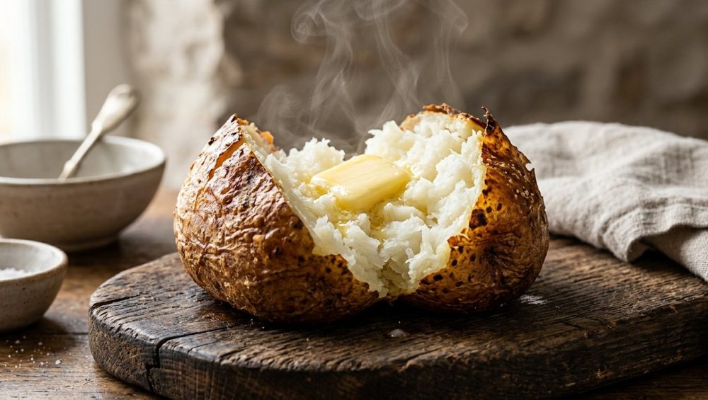 **Alt text:** A split-open baked potato on a dark wooden board, featuring crispy golden-brown skin, a fluffy white interior, and a melting pat of butter with gentle steam rising.