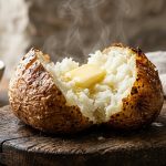 **Alt text:** A split-open baked potato on a dark wooden board, featuring crispy golden-brown skin, a fluffy white interior, and a melting pat of butter with gentle steam rising.