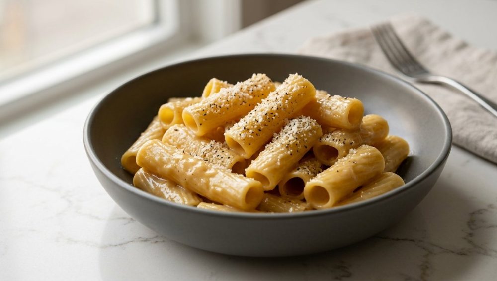 A close-up photograph of a minimalist ceramic bowl filled with pasta, each noodle perfectly coated in a rich, glossy sauce and garnished with finely grated parmesan cheese and cracked black pepper.