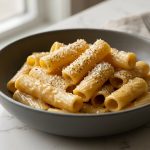 A close-up photograph of a minimalist ceramic bowl filled with pasta, each noodle perfectly coated in a rich, glossy sauce and garnished with finely grated parmesan cheese and cracked black pepper.