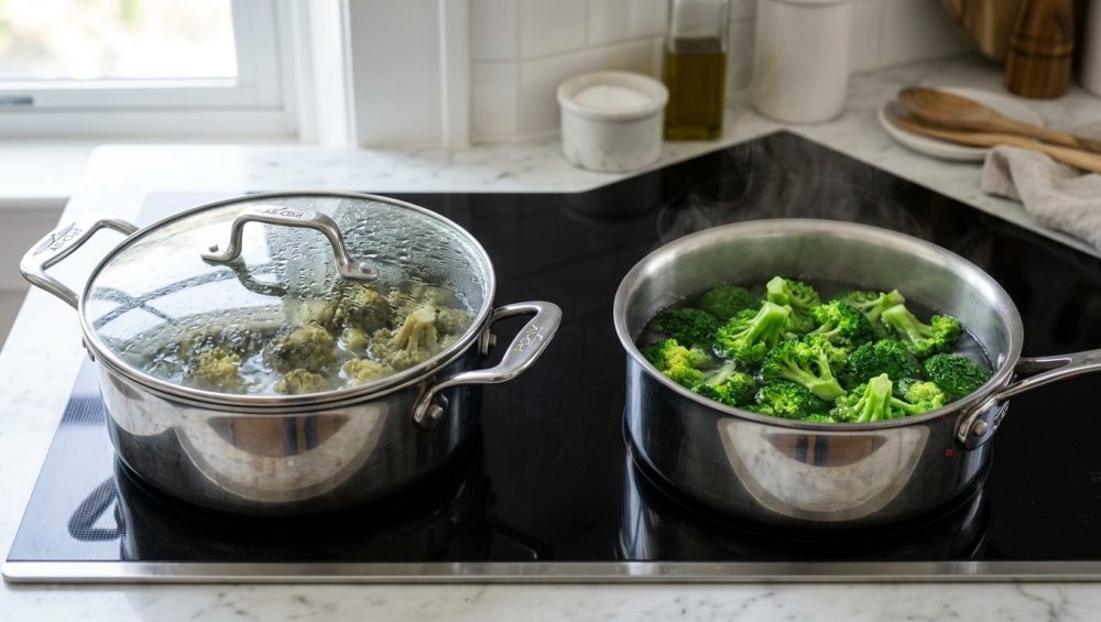 **Alt text:** Side-by-side comparison of cooking broccoli in two pots on a modern stovetop. The left pot, covered with a foggy glass lid, contains dull, overcooked grey-green broccoli. The right, open pot contains vibrant, bright green broccoli with a gentle wisp of steam rising.