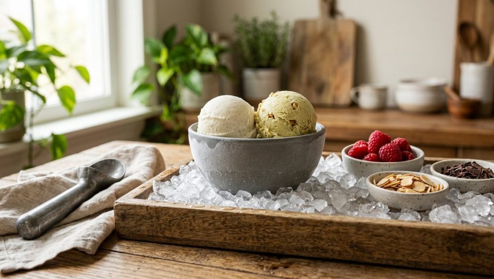 **Alt Text:** An elegant ice cream station featuring vanilla and pistachio scoops in a frosted ceramic bowl on crushed ice, surrounded by toppings and a silver scoop in a sunlit kitchen.