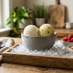 **Alt Text:** An elegant ice cream station featuring vanilla and pistachio scoops in a frosted ceramic bowl on crushed ice, surrounded by toppings and a silver scoop in a sunlit kitchen.