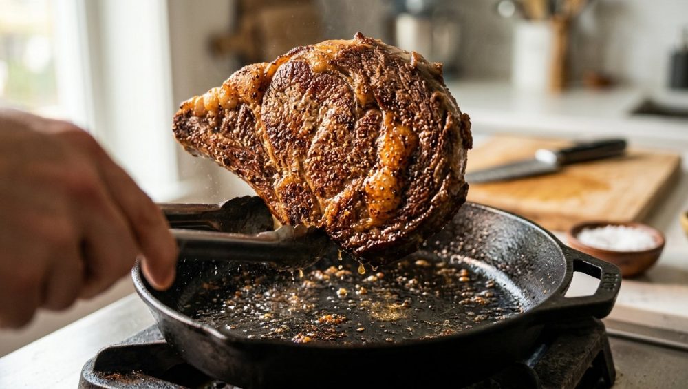 Close-up of a thick ribeye steak searing in a hot cast-iron skillet, showcasing a perfectly caramelized, crispy golden-brown crust with sizzling oil droplets under warm, dramatic lighting.