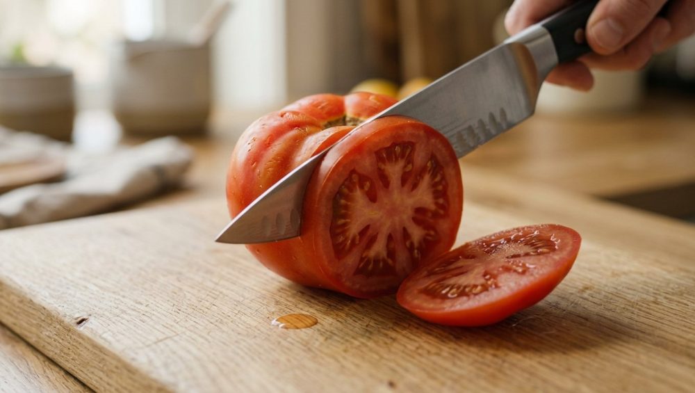 **Alt text:** A close-up macro shot of a sleek utility knife cleanly slicing a ripe red heirloom tomato on a light-oak cutting board. A perfect, juicy slice falls to the side under soft, natural light against a softly blurred kitchen background.