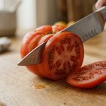 **Alt text:** A close-up macro shot of a sleek utility knife cleanly slicing a ripe red heirloom tomato on a light-oak cutting board. A perfect, juicy slice falls to the side under soft, natural light against a softly blurred kitchen background.