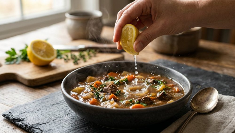 Close-up of a hand squeezing a fresh lemon wedge over a steaming bowl of hearty stew, with glistening juice droplets splashing into the rich broth on a dark slate countertop.