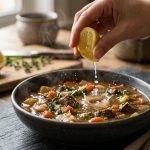 Close-up of a hand squeezing a fresh lemon wedge over a steaming bowl of hearty stew, with glistening juice droplets splashing into the rich broth on a dark slate countertop.