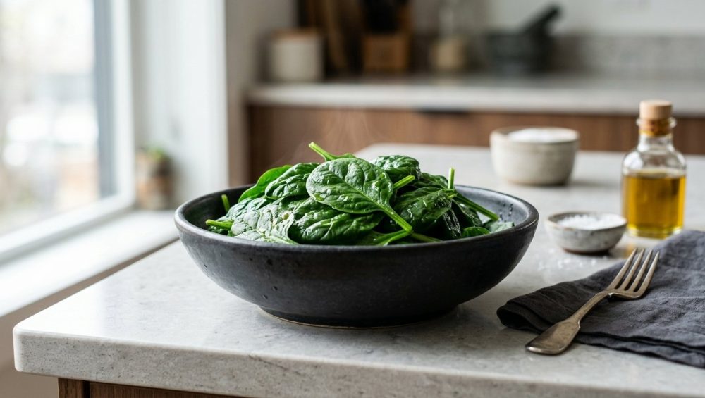 **Alt Text:** A close-up photograph of vibrant, freshly blanched spinach glistening with olive oil in a dark charcoal ceramic bowl, with a gentle wisp of steam rising against a softly blurred kitchen background.