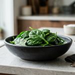 **Alt Text:** A close-up photograph of vibrant, freshly blanched spinach glistening with olive oil in a dark charcoal ceramic bowl, with a gentle wisp of steam rising against a softly blurred kitchen background.