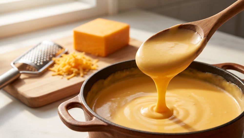 **Alt text:** A wooden spoon lifts a glossy, slow-dripping scoop of smooth melted cheddar cheese sauce from a cast-iron pot, with a block of cheddar and a hand grater in the blurred background.