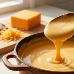 **Alt text:** A wooden spoon lifts a glossy, slow-dripping scoop of smooth melted cheddar cheese sauce from a cast-iron pot, with a block of cheddar and a hand grater in the blurred background.