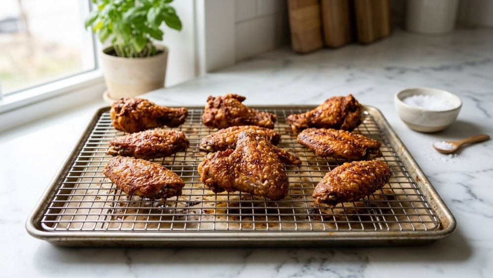 Crispy, golden-brown baked chicken wings with blistered skin resting on a wire cooling rack in a bright, modern kitchen.