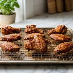 Crispy, golden-brown baked chicken wings with blistered skin resting on a wire cooling rack in a bright, modern kitchen.