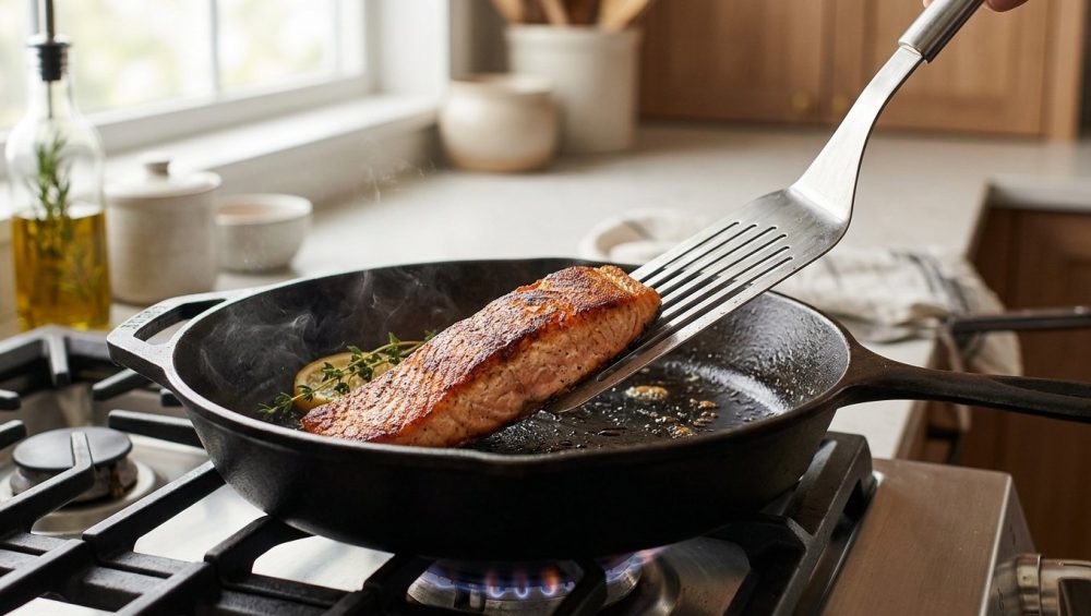 **Alt Text:** A close-up photograph of a stainless steel fish spatula sliding smoothly under a seared salmon fillet with a crispy golden crust in a hot cast-iron skillet, with subtle steam rising.