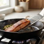 **Alt Text:** A close-up photograph of a stainless steel fish spatula sliding smoothly under a seared salmon fillet with a crispy golden crust in a hot cast-iron skillet, with subtle steam rising.