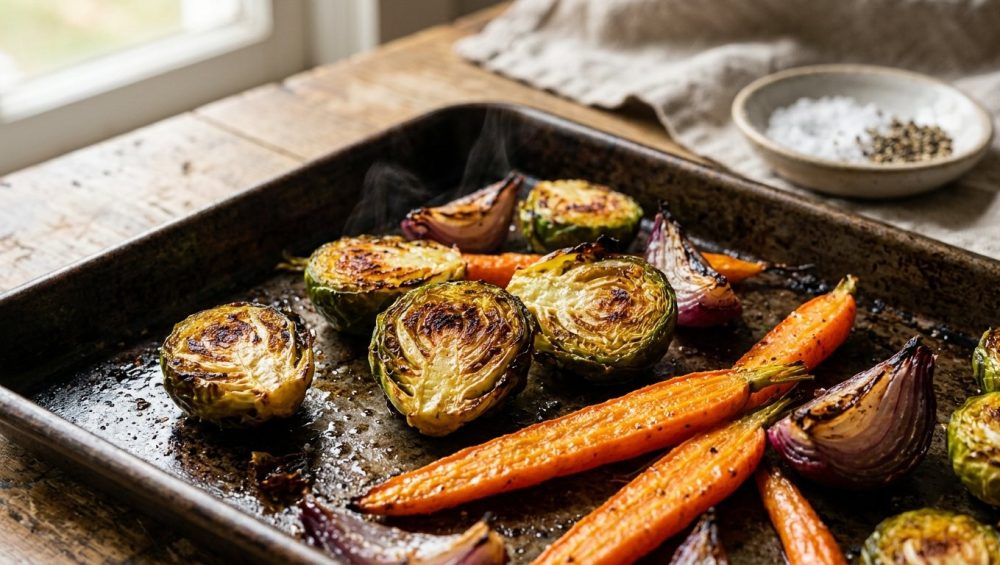 **Alt text:** A close-up of roasted Brussels sprouts, baby carrots, and red onions with caramelized, crispy edges, glistening on a dark metal baking sheet with a faint wisp of steam.