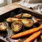 **Alt text:** A close-up of roasted Brussels sprouts, baby carrots, and red onions with caramelized, crispy edges, glistening on a dark metal baking sheet with a faint wisp of steam.
