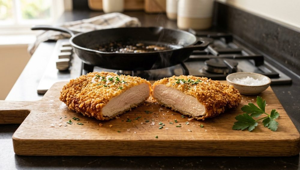 **Alt text:** A golden-brown, crispy pan-fried chicken cutlet sliced in half on a wooden cutting board, showcasing juicy meat and a perfectly adhered panko crust in a softly lit kitchen.