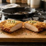 **Alt text:** A golden-brown, crispy pan-fried chicken cutlet sliced in half on a wooden cutting board, showcasing juicy meat and a perfectly adhered panko crust in a softly lit kitchen.