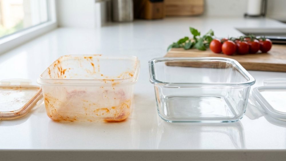 **Alt text:** A side-by-side comparison of two food storage containers on a bright white kitchen countertop: a stained, orange-discolored plastic container on the left, and a sparkling clean, empty glass container on the right.