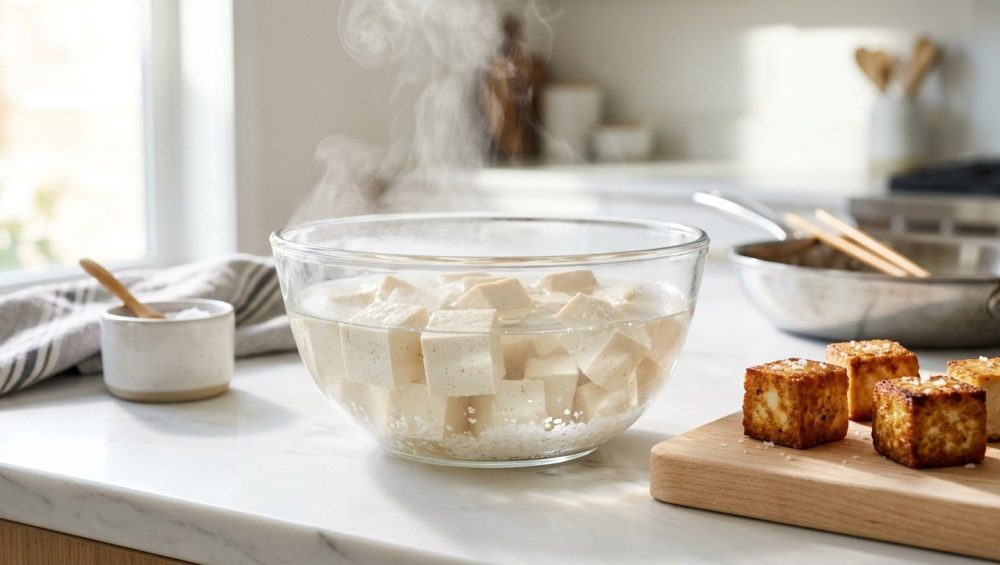 Editorial food photography of fresh white tofu cubes soaking in a steaming glass bowl of water next to crispy, golden-brown pan-seared tofu on a wooden board in a bright, sunlit kitchen.