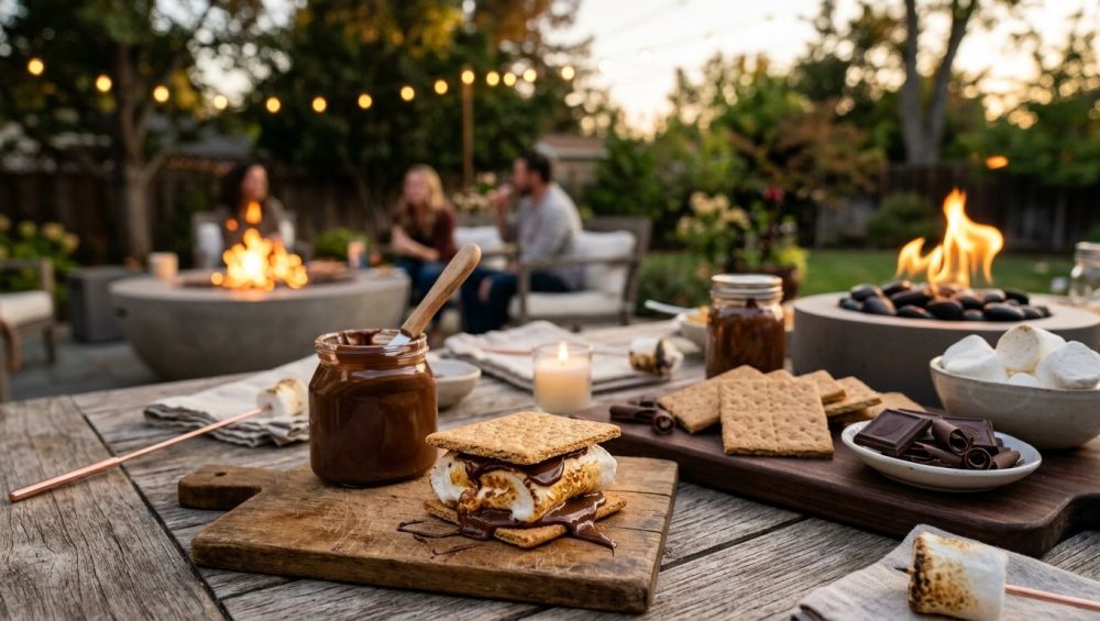**Alt text:** A close-up of a gourmet s'more with a toasted, gooey marshmallow and melting dark chocolate between graham crackers on a rustic wooden table. S'mores ingredients surround it, with a warm, softly blurred backyard firepit in the background at dusk.
