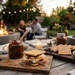**Alt text:** A close-up of a gourmet s'more with a toasted, gooey marshmallow and melting dark chocolate between graham crackers on a rustic wooden table. S'mores ingredients surround it, with a warm, softly blurred backyard firepit in the background at dusk.