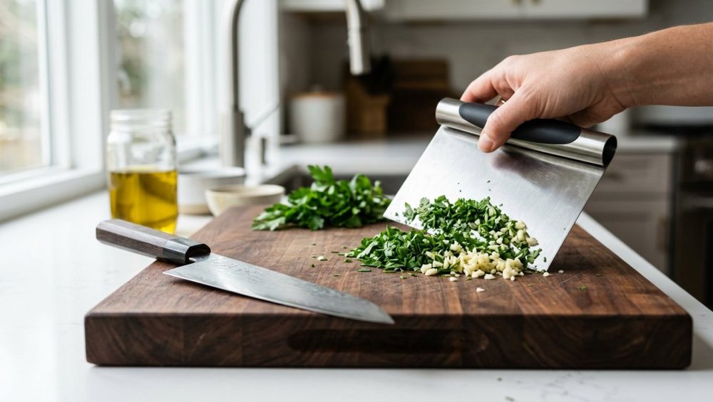 **Alt text:** A close-up of a stainless steel bench scraper scooping chopped herbs and garlic on a wooden cutting board, with a chef’s knife resting nearby in soft morning light.