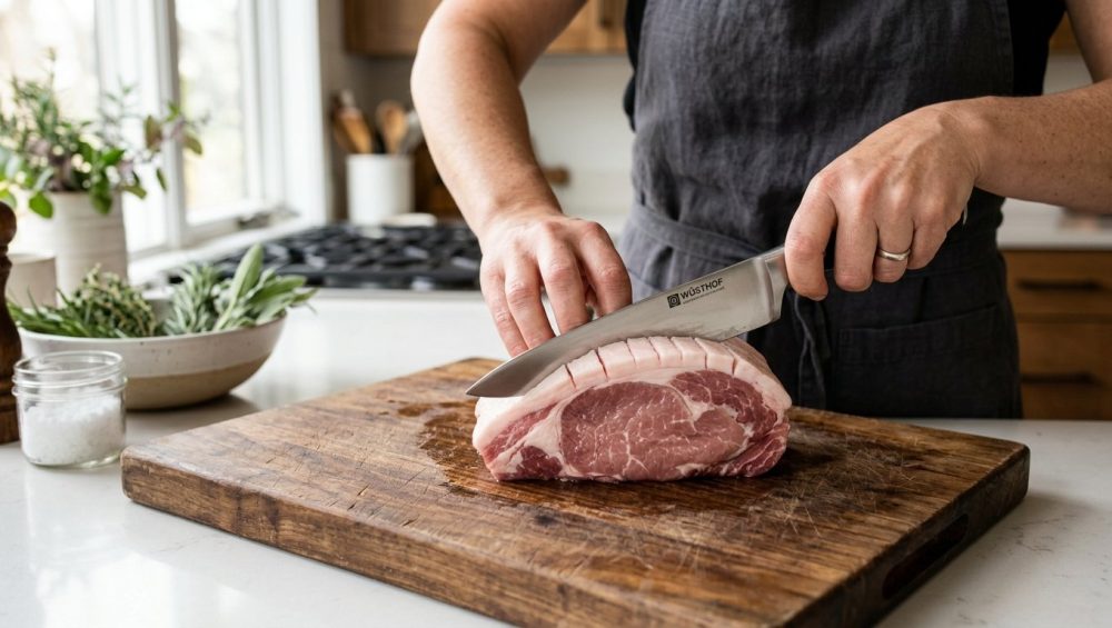 **Alt text:** A close-up of a cook's hands using a chef's knife to score the fat cap of a raw pork chop on a rustic wooden cutting board, with a softly blurred kitchen background.