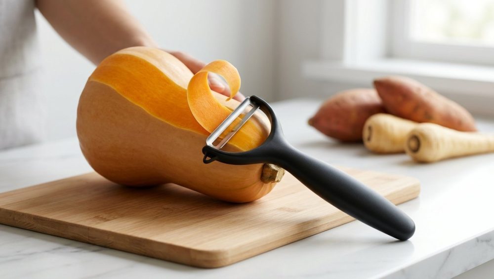 **Alt text:** A professional, close-up shot of a sleek matte-black Y-peeler peeling a butternut squash, creating a continuous, curling ribbon of orange peel. The squash rests on a wooden cutting board on a marble countertop, bathed in bright, natural light.