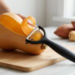 **Alt text:** A professional, close-up shot of a sleek matte-black Y-peeler peeling a butternut squash, creating a continuous, curling ribbon of orange peel. The squash rests on a wooden cutting board on a marble countertop, bathed in bright, natural light.