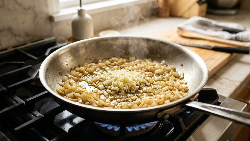 **Alt text:** A close-up, top-down shot of translucent, caramelized diced onions sautéing in a stainless steel skillet, with a fresh mound of minced raw garlic in the center and gentle steam rising.