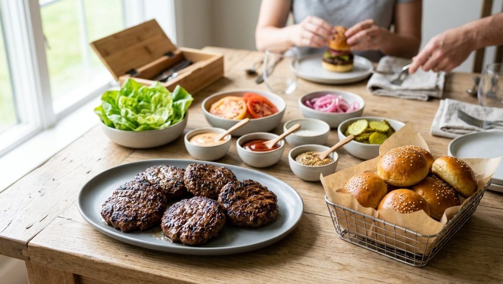 **Alt text:** A bright, gourmet build-your-own slider station on a light oak table, featuring juicy grilled beef patties, mini brioche buns, and bowls of fresh toppings in a soft, natural daylight setting.