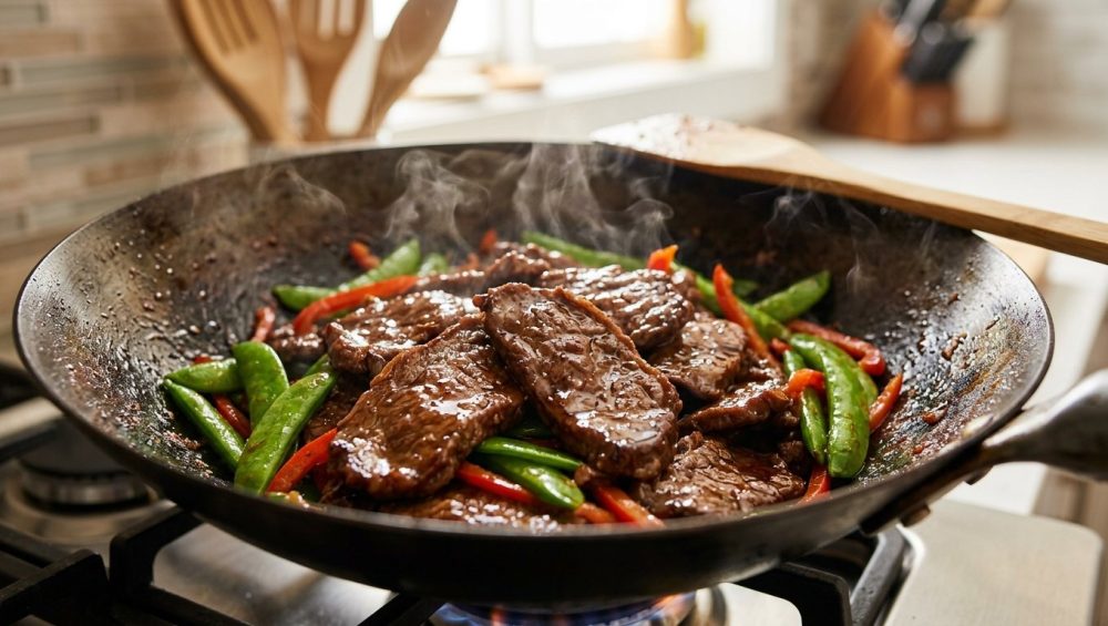 **Alt text:** An extreme close-up of sizzling beef stir-fry in a wok, featuring glistening, tender slices of glazed beef, vibrant green snap peas, and red bell peppers with wisps of steam rising.