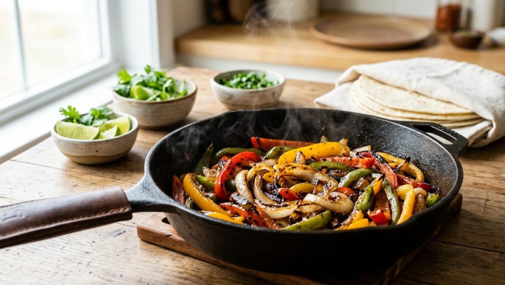 **Alt text:** Sizzling, charred bell peppers and onions in a cast-iron skillet with a gentle wisp of steam. Fresh lime, cilantro, and warm tortillas sit in the blurred, sunlit background.