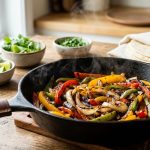 **Alt text:** Sizzling, charred bell peppers and onions in a cast-iron skillet with a gentle wisp of steam. Fresh lime, cilantro, and warm tortillas sit in the blurred, sunlit background.