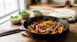 **Alt text:** Sizzling, charred bell peppers and onions in a cast-iron skillet with a gentle wisp of steam. Fresh lime, cilantro, and warm tortillas sit in the blurred, sunlit background.