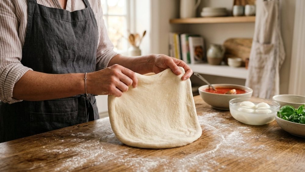 **Alt Text:** A close-up of a cook's hands gently stretching smooth pizza dough on a floured wooden countertop, with fresh ingredients in the warm, sunlit background.