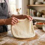 **Alt Text:** A close-up of a cook's hands gently stretching smooth pizza dough on a floured wooden countertop, with fresh ingredients in the warm, sunlit background.