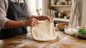 **Alt Text:** A close-up of a cook's hands gently stretching smooth pizza dough on a floured wooden countertop, with fresh ingredients in the warm, sunlit background.