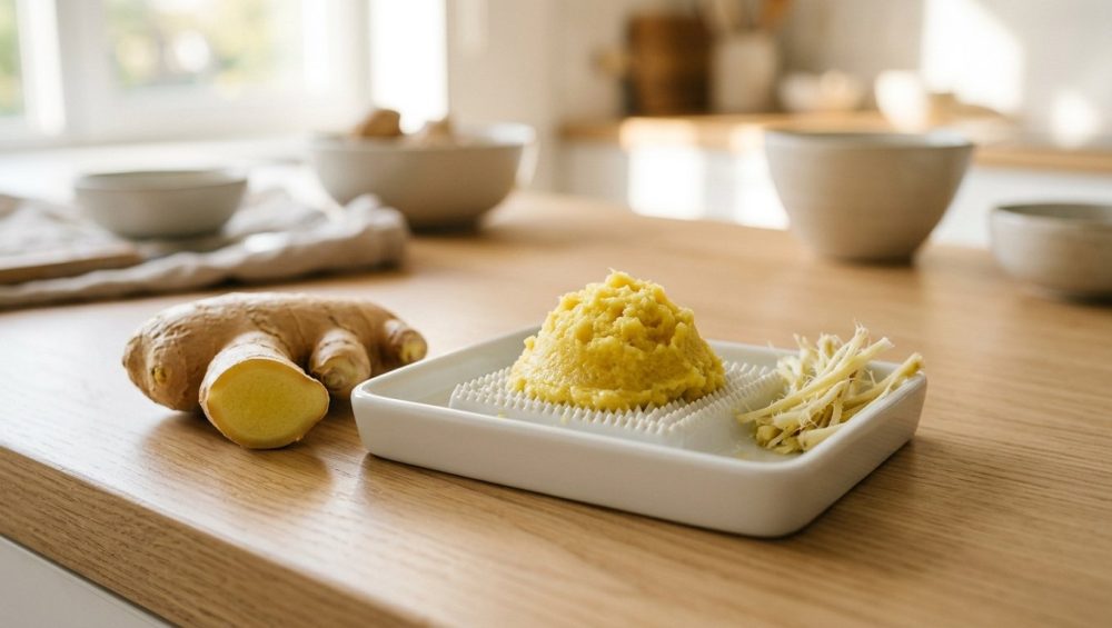 **Alt text:** A close-up of a white ceramic ginger grater with a mound of smooth golden paste, next to a sliced ginger root on a sunlit wooden countertop.
