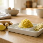**Alt text:** A close-up of a white ceramic ginger grater with a mound of smooth golden paste, next to a sliced ginger root on a sunlit wooden countertop.