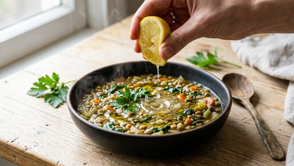 **Alt text:** A close-up photograph of a hand squeezing a fresh lemon wedge over a steaming bowl of hearty lentil stew, with glistening juice droplets frozen in mid-air under warm, natural sunlight.