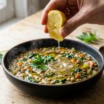 **Alt text:** A close-up photograph of a hand squeezing a fresh lemon wedge over a steaming bowl of hearty lentil stew, with glistening juice droplets frozen in mid-air under warm, natural sunlight.