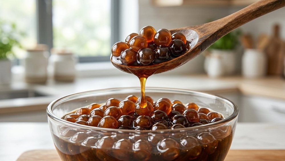 **Alt Text:** A close-up of a wooden spoon scooping glossy, translucent tapioca pearls in rich brown sugar syrup, with a single amber drop falling back into a glass bowl.