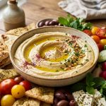 **Alt Text:** A close-up of a creamy bowl of hummus drizzled with golden olive oil and sumac, served on a rustic wooden table surrounded by pita bread, fresh vegetables, and olives in warm, natural sunlight.