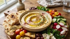 **Alt Text:** A close-up of a creamy bowl of hummus drizzled with golden olive oil and sumac, served on a rustic wooden table surrounded by pita bread, fresh vegetables, and olives in warm, natural sunlight.